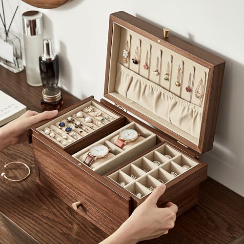 CHOSIN Black Walnut Wooden Jewelry Box for Women, 3 Level Multi-functional Drawer Organizer Box Watch Necklace Ring Earring Storage Mothers Day Gifts for Mom - style: No Mirror