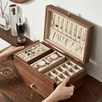 CHOSIN Black Walnut Wooden Jewelry Box for Women, 3 Level Multi-functional Drawer Organizer Box Watch Necklace Ring Earring Storage Mothers Day Gifts for Mom - style: No Mirror