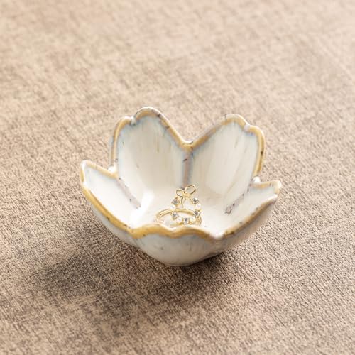 Decorative Flower Ring Dish - Small Ceramic Tray for Trinkets & Keys, Vintage Floral Sculpture Home Decor Accent for Bedside, Bathroom, Office (grey) - color: grey