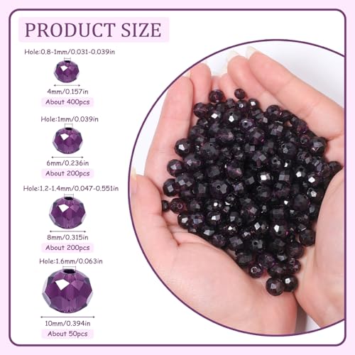 850Pcs 4/6/8/10mm Crystal Glass Beads for Jewelry Making Faceted Rondelle Flat Beads for Bracelets Necklace Earrings DIY Crafts(Purple Crystal Bead) - color: Purple