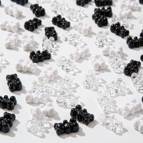 200pcs Bear Beads Black White Gummy Bear Acrylic Bear Beads Colorful Cute Bear Beadsy Bear for Necklace Bracelet Key Chains Jewelry DIY Craft Making(Blackwhite) - color: blackwhite