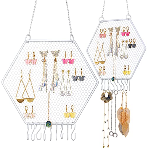 Jetec 2 Pcs Earring Wall Holder Wall Mounted Earring Organizer Hanging Jewelry Stand Decorative Diamond Grid Shape Display Rack with Hooks for Earrings Necklace Bracelet(White) - color: White