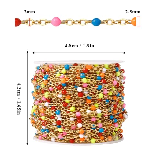 33 Feet Gold Enamel Chains Bulk, 2mm 18K Gold PVD Plated 304 Stainless Steel Colorful Enamel Beaded Cable Link Chain Roll Spool for Jewelry Making - color: Gold Colorful Beads
