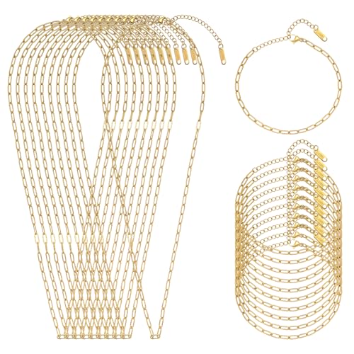 Swyabi 20 PCS Gold Plated Necklace Bracelet Chains Bulk Stainless Steel Paperclip Chain with Extender for Jewelry Making - color: 3x7.5mm Gold