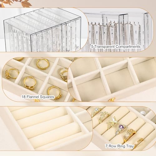 Greenfeather Jewelry Organizer with 7 Removable Drawers, Clear Acrylic Jewelry Box with 40 Necklace Hooks 120 Pairs of Earring Holes 2 Velvet-Lined Drawers for Rings Necklaces Earrings - color: Off-White-Style A