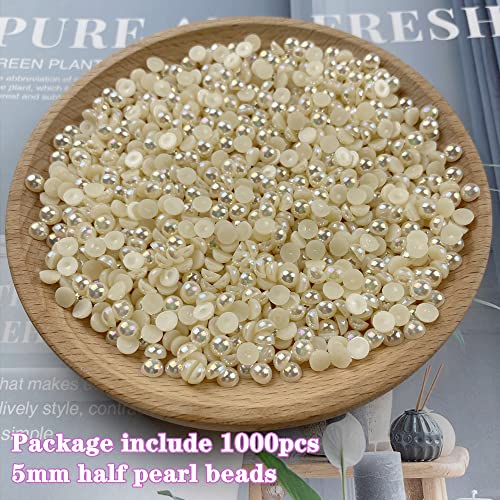 1000pcs 5mm Half Pearl Beads Flatback Pearl Beads Half Round Plastic Pearls for Crafts Scrapbooking Embellishment Nail Art(Beige AB) - color: Beige AB, size: 5mm