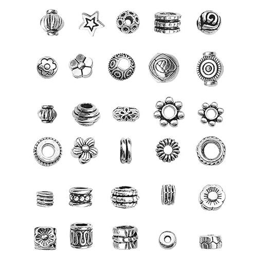 200PCS 1-5mm Hole Spacer Beads Tibetan Antique Silver Rondelle Spacers Bead, Assorted Styles Metal Filigree Loose Ball Bead Charms Kits for Bracelets Jewelry Making