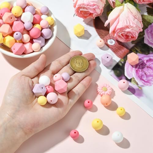LiQunSweet 110 pcs Spring Theme Daisy Flower Focal Silicone Beads Round Hexagon Shape Silicone Beads for Keychain Making DIY Beadable Pens Jewelry Making Bracelets - color: Hexagon Round Daisy Beads_110 Pcs