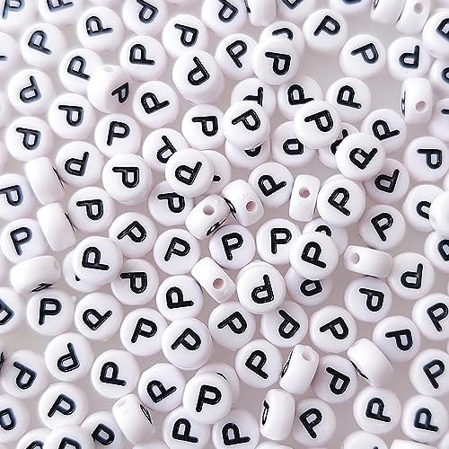 200+ Pieces 4x7mm Single P Letter Beads for Jewelry Making, White Round Acrylic Bulk Alphabet (Black on White) - size: Single letter P 200+ Pcs