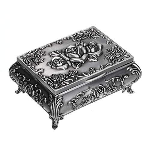 Hipiwe Vintage Metal Jewelry Box Small Trinket Jewelry Storage box For Rings Earrings Necklace Treasure Chest Organizer Antique jewelry Keepsake gift Box Case for Women (Small) - color: Silver, size: Small