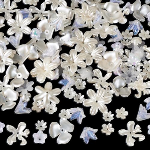 Beadthoven 270Pcs Acrylic Flower Imitation Pearl Beads Sakura Cherry Blossom Flower Bead End Caps Multi-Petal Floral Loose Spacer Bead Charms for Jewelry Making DIY Crafts Supplies, Creamy White - color: Imitation Pearl Flower-White