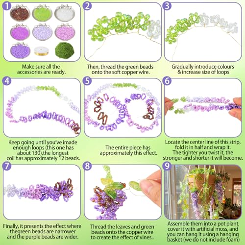 Potchen 13155 Pcs Wisteria Craft Beaded and 5 Inch Clay Pot Planter DIY Set, Glass Beads Plant Flower Making Kit with Artificial Moss Hanging Rope Purple Nature Series Colorful Crystal Leaf Jewelry