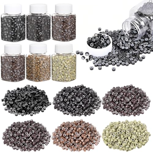 Hair Extension Tools Kit, 3000PCS 5mm Silicone Lined Micro Ring Beads for Hair Extensions, 6 Bottles Multi-Color Micro Links for I-Tip & Weft (Brown*2, Black, Blonde, Light Brown, Dark Brown) - color: Corlorful