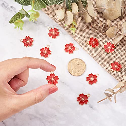 Beadthoven 100pcs Enamel Charms Cherry Blossom Daisy Flower Pendants Gold Plated Small Cute Bulk for Jewelry Making Bracelet Necklace Earrings Keychain DIY Accessories - color: Sakura Flower-Red