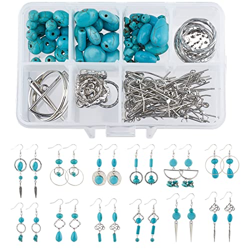 SUNNYCLUE 1 Box DIY 10 Pairs Turquoise Beads Earring Making Kit 8 Shapes Turquoise Beads Charms Hammered Feather Heart Pendants & Earring Hooks for Jewelry Craft Supplies Adults Women - color: 1 Box Diy 10 Pairs