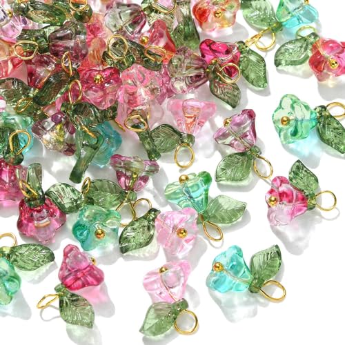 Ipotkitt 50 Pcs 5 Colors Glass Trumpet Flower Charms & Floral Charms - With Golden Brass Loops for Jewelry Making - color: 50pcs-Trumpet Charms-5 Colors