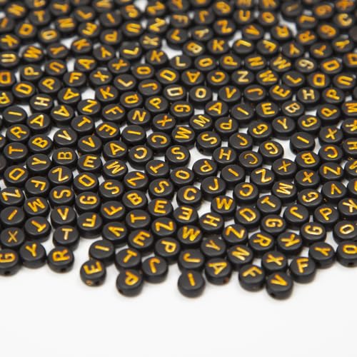 1000pcs 4x7mm Round Letter Beads Black Acrylic with Gold Letter Alphabet for Jewelry Making Friendship Bracelets (Gold Black) - color: gold Black