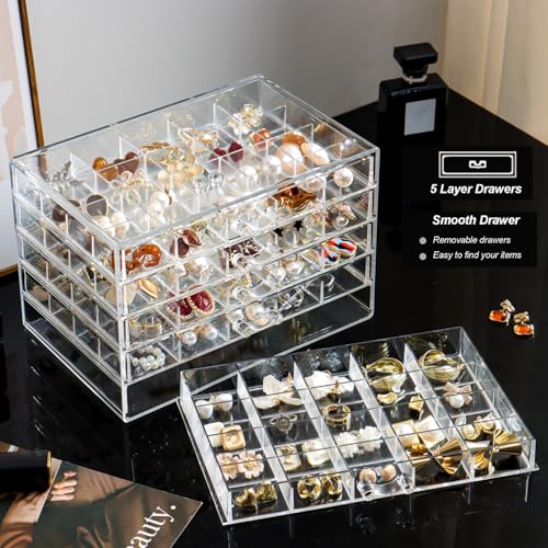 YUFONG Earring Holder Organizer Acrylic Earring Storage Box for Girls Women Jewelry Organizer Display Case with 100 Small Compartment (Clear, 5 Drawers)