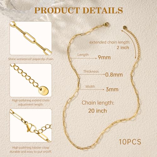 10 Pack Gold Filled Bulk Necklace Chains for Jewelry Making 20 Inch Paper Clip Stainless Steel Adjustable Charm Necklace Making Kit for Women - color: Gold, size: 20 Inch