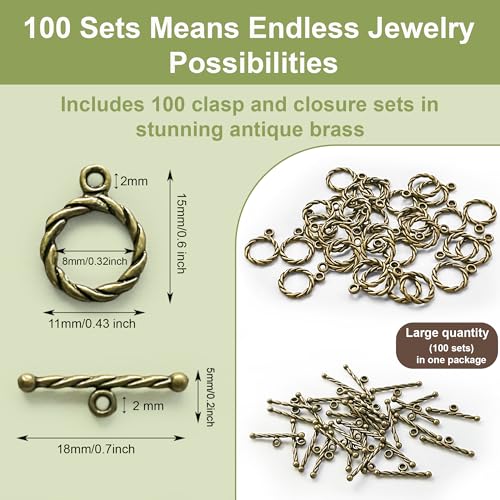 Heather's CF Toggle Jewelry Clasps – Durable Quality, Antique Twisted Brass Finish Toggle Clasps & Closures for Necklace, Bracelet & Charms – Ideal for DIY, & Jewelry Making – Small (Set of 100) - color: Twisted brass toggle clasp