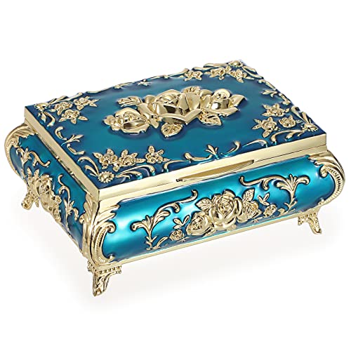 Hipiwe Metal Decorative Jewelry Box Vintage Treasure Chest Case Ornate Trinket Organizer Earrings Necklace Bracelet Storage Box Ring Holder Keepsake Box for Women - color: Blue, size: Medium