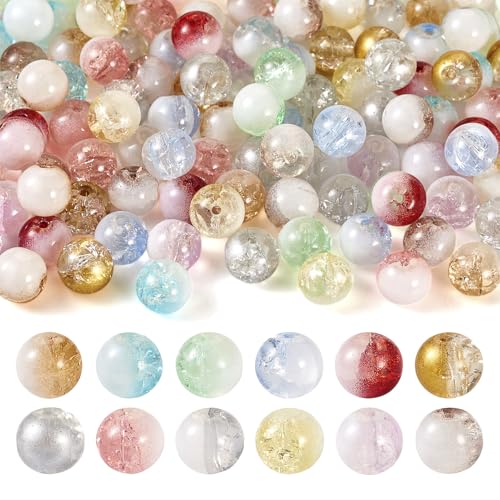 Beadthoven 120Pcs Crackle Glass Beads 10mm Crystal Beads Colorful Glass Round Beads Transparent Sparkly Small Crafts Beads Loose Spacers for Crafts Necklace Bracelet Earrings DIY Jewelry Making - color: Crackle Colorful Round, size: 10mm