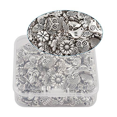 Beadthoven 150pcs/box Tibetan Silver Butterfly Flower Spacer Beads Owl Bird Dragonfly Bees Loose Beads Charms with 1-2mm Hole for Jewelry Crafts Making - color: Antique Silver-Butterfly-15 Style