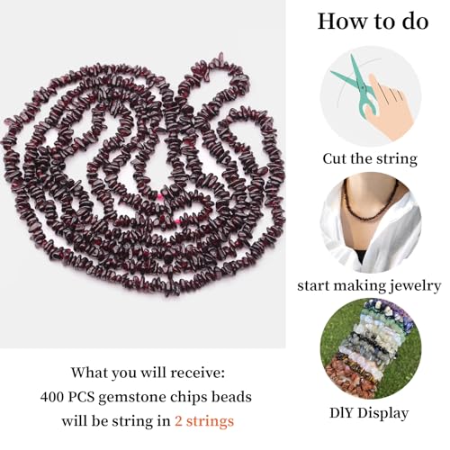 400pcs Natural Chip Stone Beads for Jewelry Making Garnet 5-8mm Irregular Gemstones Healing Crystal Loose Rocks Bead Hole Drilled for Ring Earrings Necklace Bracelet Making DIY Art Crafts - color: Garnet (2 Strands-62")