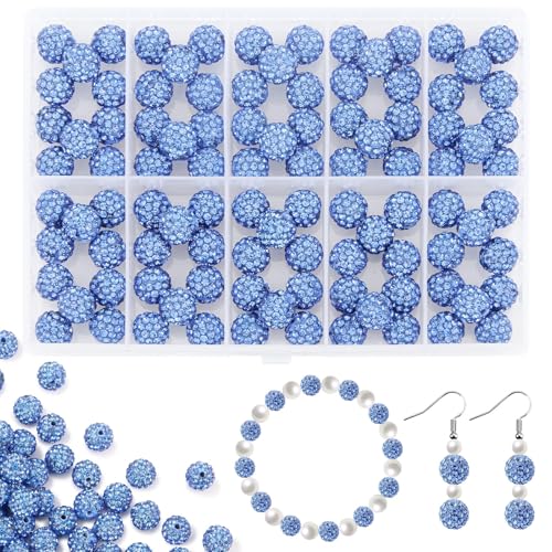 100Pcs 10mm Light Blue Rhinestone Beads for Jewelry Making, Shiny Round Disco Ball Sparkly Beads Bulk with 10-Grid Storage Box for DIY Baseball Necklaces Shamballa Bracelets - color: Light Blue