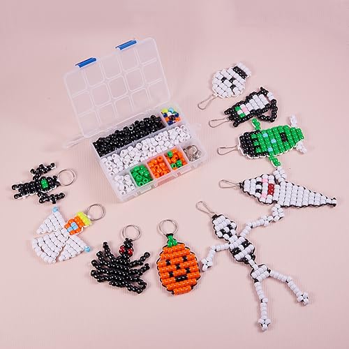 SUNNYCLUE 1 Box DIY Make 9PCS Halloween Theme Bead Pets Kit 8mm Pony Beads Assortment Box Set with Keychain, Keyring & Lanyard Clips, Instruction - color: 8mm Pony Beads Kit Halloween Themed