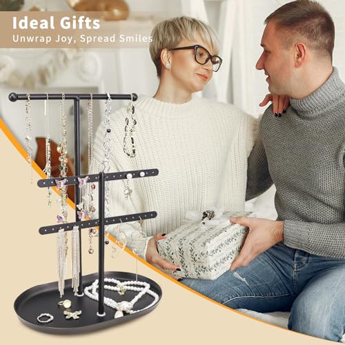 Saydear Elegant Jewelry holder Organizer 2-Tier Display Storage Stand for Earrings Necklaces with Ring Tray Spacious and Durable, Easy to Assemble Black - color: Black