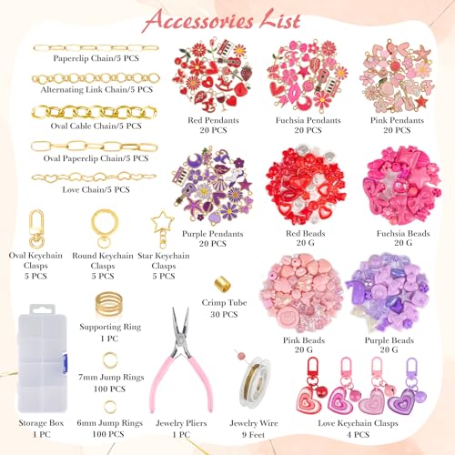 Ecoofor 458 Pcs Keychain Making Kit — Includes 19 Keychain Clips, 25 Extender Chains, 80 Charms, Beading Accessories, Jewelry Pliers — DIY Bag Charms & Jewelry Craft Kit Supplies - color: Four-Color Vibrance Set