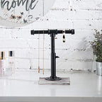 MyGift Industrial Pipe Black Metal T-Bar Adjustable Height Jewelry, Bracelet & Necklace Display Stand with Torched Wood Base - color: Black / Torched Wood