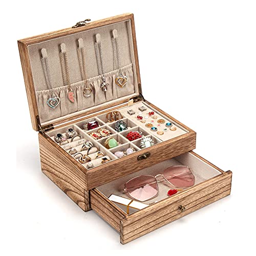 Pinzoveco Jewelry Box for Women, Rustic Wooden Jewelry Organizer Box for Storage Earrings Rings Necklace Bracelet, Farmhouse Style Wood Jewelry Boxes & Organizers (Torched Wood Color) - color: Rustic Brown