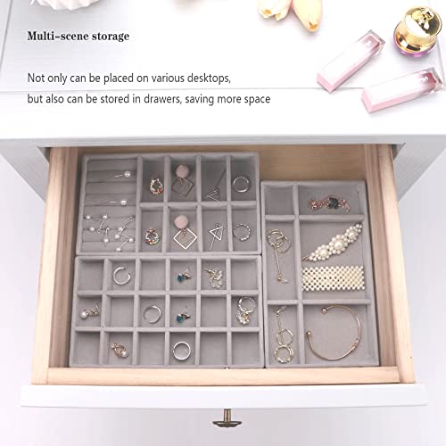 Velvet Drawer Jewelry Organizer Tray, Small Flat Jewelry Organizer for Drawer, Dresser Stacking Display Inserts for Jewelry Accessories in Dresser, Grey Set of 4