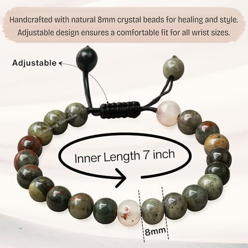 Amazing Gemstone African Bloodstone Bracelet for Women Men's Gifts - Protection Healing Crystal Bracelet - 8mm Gemstone Beaded Adjustable Bracelet Pulseras Para Hombres Mujer Stocking Stuffers - color: African Bloodstone