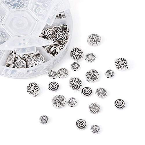 KISSITTY 175pcs/box 5 Styles Tibetan Antique Silver Flat Round Spacer Loose Beads 7mm 8mm 9mm 10mm 11mm Metal Rondelle Disc