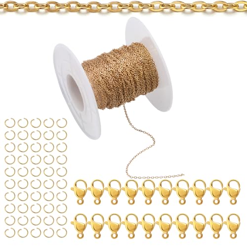 Topacket 33Feet 18K Gold Stainless Steel Necklace Chains Cable Link Chains for Jewelry Making DIY Craft Kit with Lobster Clasps Jump Rings - color: Gold, size: 1.5mm