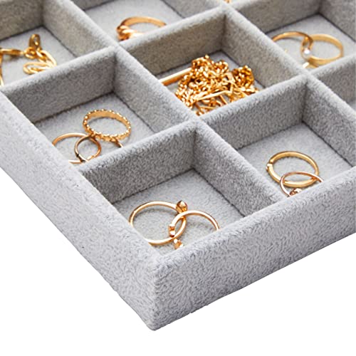Juvale Velvet Jewelry Organizer Tray - Earring Tray Insert with 24 Compartments - Stackable Jewelry Drawer Organizer - Includes Bracelet Holder Slots - Gray, 14 x 10 in - size: 24 Grids