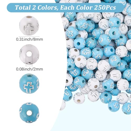 500Pcs Cross Round Beads Crucifix Bead Acrylic Silver Easter Cross Pattern White Blue Ball Shaped Loose Spacers for Bracelets Earrings Necklaces Jewelry Making DIY Crafting Holy Accessories - color: White, Blue