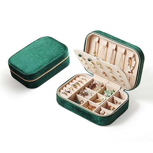 CASEGRACE Plush Velvet Travel Jewelry Box, Portable Jewelry Case for Women Girls, Double Layer Jewelry Organizer Display Box for Necklace Earring Rings Bracelet, Travel Accessory Gifts, green - color: Green, size: Velvet