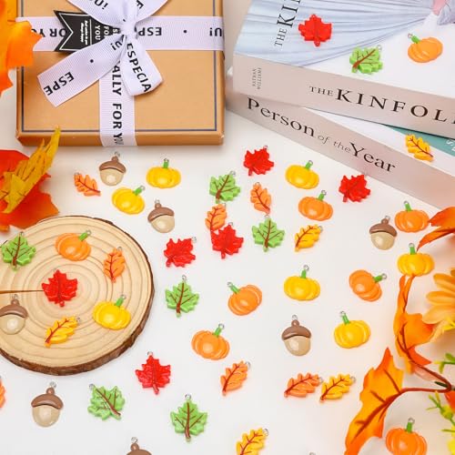 Augshy 64 Pcs Fall Resin Charm, Autumn Maple Leaf Pumpkin Acorn Pendant Thanksgiving Crafts for DIY Earring Bracelet Necklace Jewelry Making - style: Fall Style