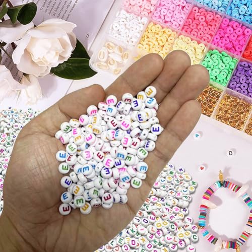 500PCS 4x7mm Acrylic Letter Beads E for Friendship Bracelets Jewelry Making, White Round Flat Acrylic with Colourful Alphabet Beads for DIY Crafts Bracelets Necklaces Key Chains Phone Lanyard - color: E(colourful on white)