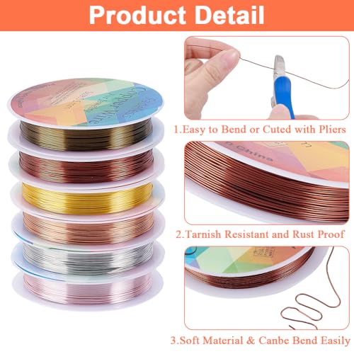 Beebeecraft 24 Gauge Copper Jewelry Wire, 158 Feet 6 Colors Beading Craft Wire Round Tarnish Resistant Bendable Flexible Metal for Jewelry Making Supplies
