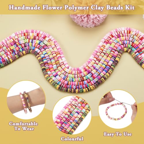 2030Pcs Handmade Polymer Clay Beads for Bracelets,Heishi Beads,Flower Beads Disc Beads,Mixed Color Flat Round Beads for Jewelry Making Friendship Bracelet Kit,Hole: 1.8mm