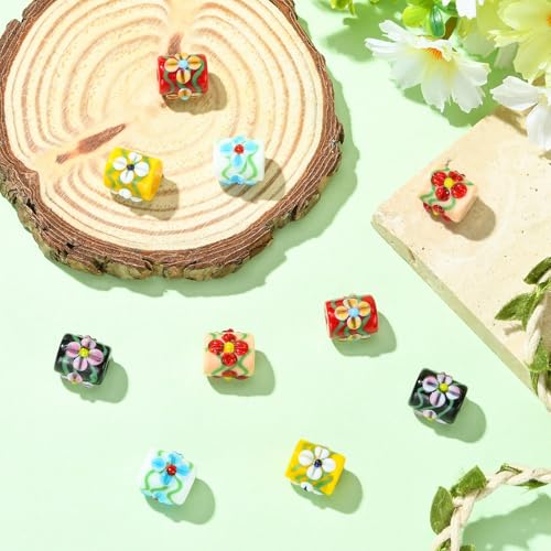 Stiesy Painted Column with Flower Glass Beads 10Pcs, 5 Colors Glass Spacer Loose Beads Bulk for DIY Jewelry Making Necklace Bracelet Earring Keychain Crafts 13x13mm - color: Column with Flower-5 Colors -10pcs