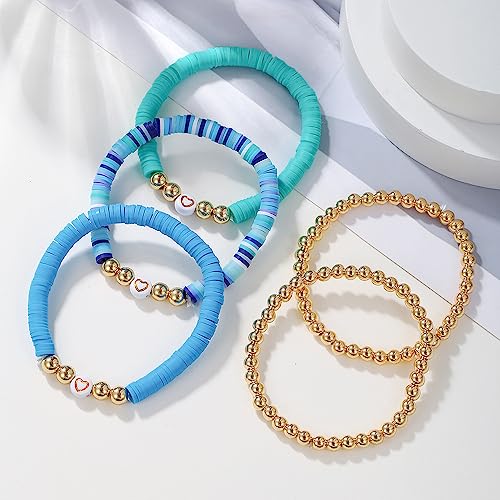 COLORFUL BLING 5-12Pcs Bohemian Love Heart Bead Bracelets for Women Vinyl Disc Heishi Surfer Stackable Stretch Bracelet Summer Beach Boho Jewelry - color: 5pcs blue