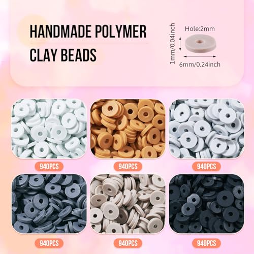 Elecrelive Black Grey Clay Beads for Bracelets Making, 6mm Flat Round Heishi Spacer Beads Loose Polymer Clay Chips 5640pcs for Chocker Necklace Earring DIY Crafts - color: Gray