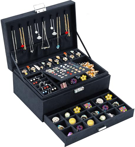 QBestry Jewelry Box for Women with Drawer, 3-Layer Large Jewelry Organizer with Lock & Key, 8 Necklace Hooks & 56 Earring Holes, Black Velvet Jewelry Storage Box for Necklaces Earrings Rings Bracelets - color: Black