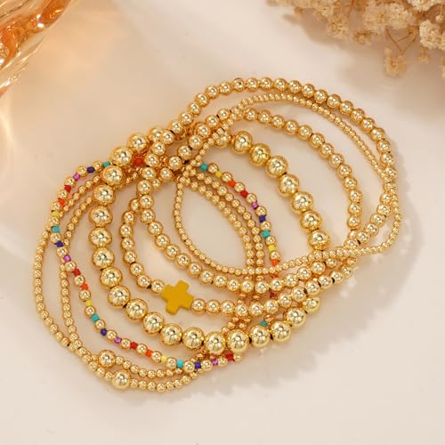 14K Gold Beaded Cross Beaded Bracelet Stack Set for Women,7PCS Bohemian Colorful Beads Ball Stretch Stackable Bracelets Trendy Holiday Birthday Gift - color: Yellow